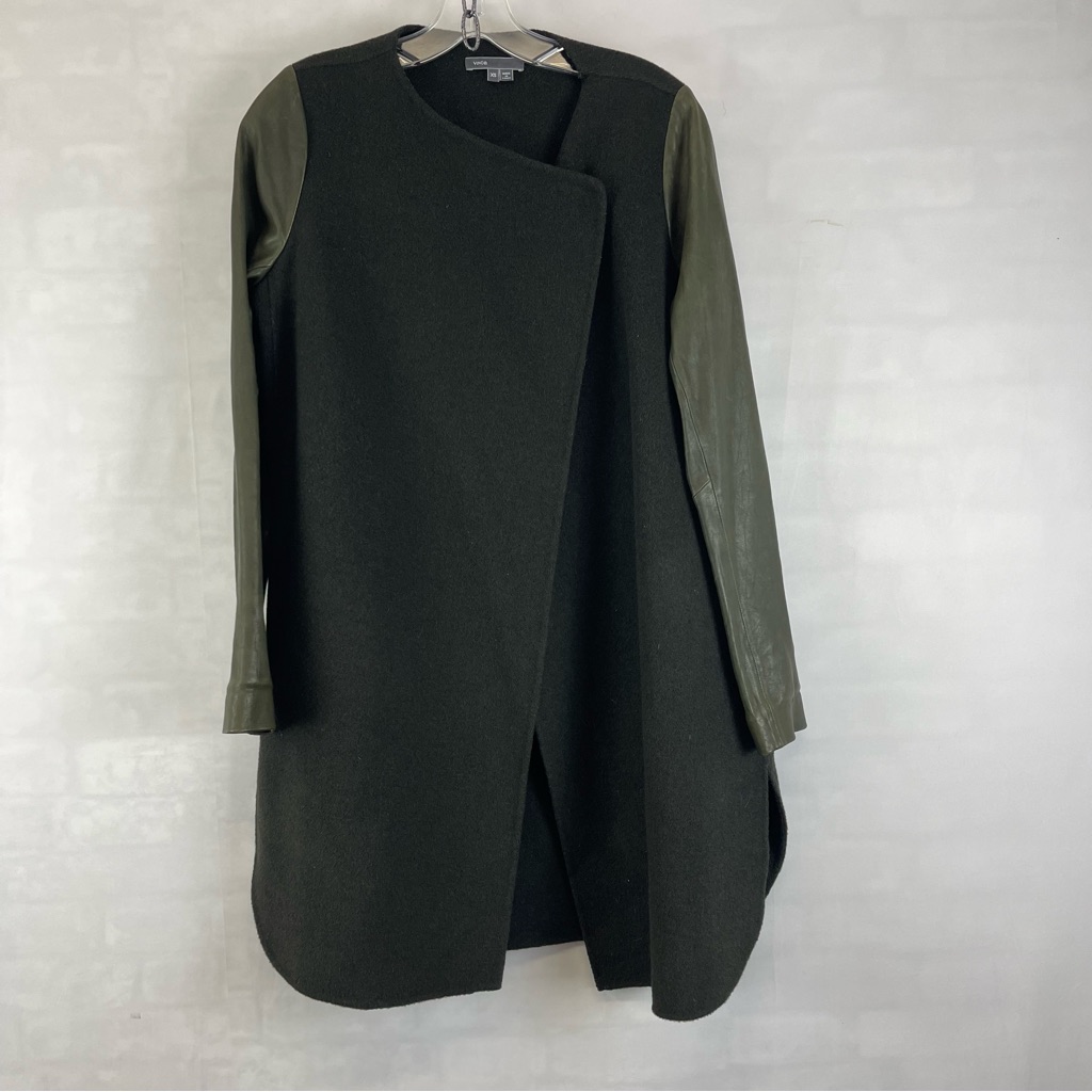 Vince Wool Blend Coat Xs Olive Green Leather Sleeve Asymmetrical Open Front